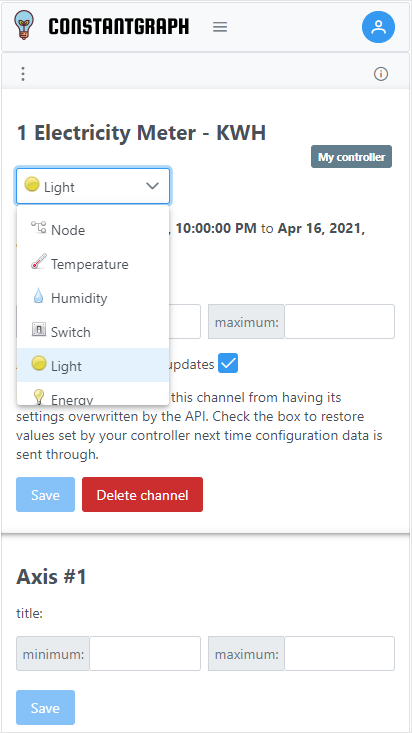 Channel configuration settings showing how to change the data type