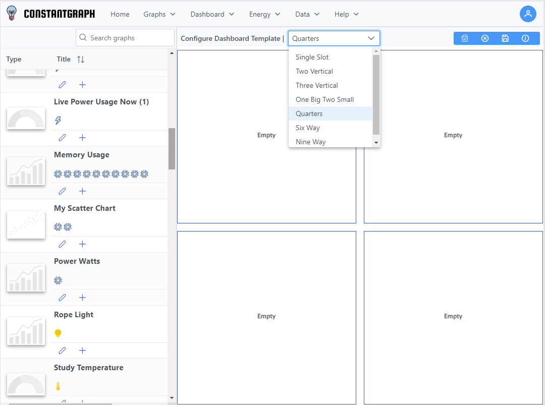 Dashboard builder screen showing 4 available slots