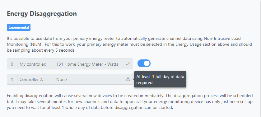 Energy configuration showing enable disaggregation button