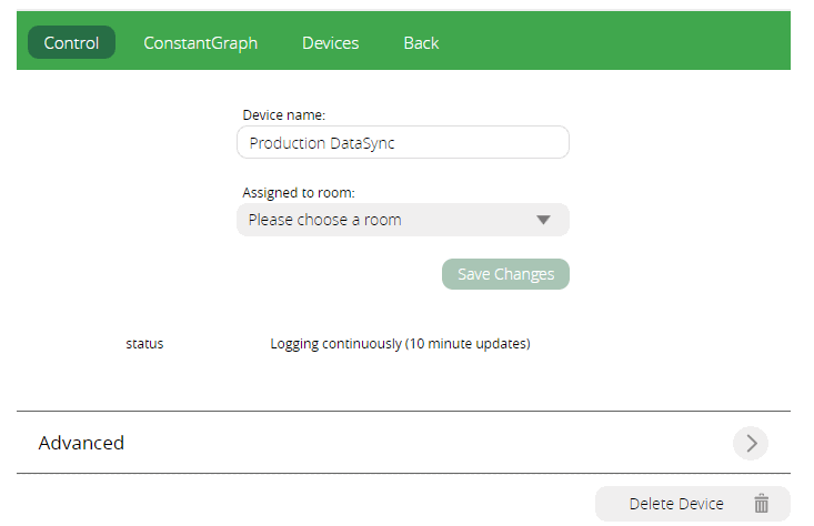 Vera hub advanced settings for ConstantGraph